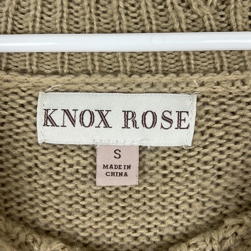 KNOX ROSE cowl shoulder tight knit sweater tan with fringe S - Picture 7 of 8